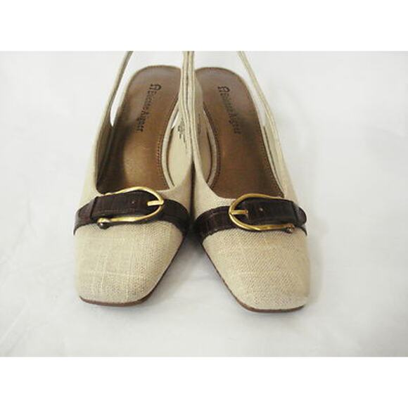 ETIENNE AIGNER MIDWAY LINEN LOOK FABRIC BROWN LEATHER SLINGBACK HEEL SHOE SZ 6M - Picture 4 of 8